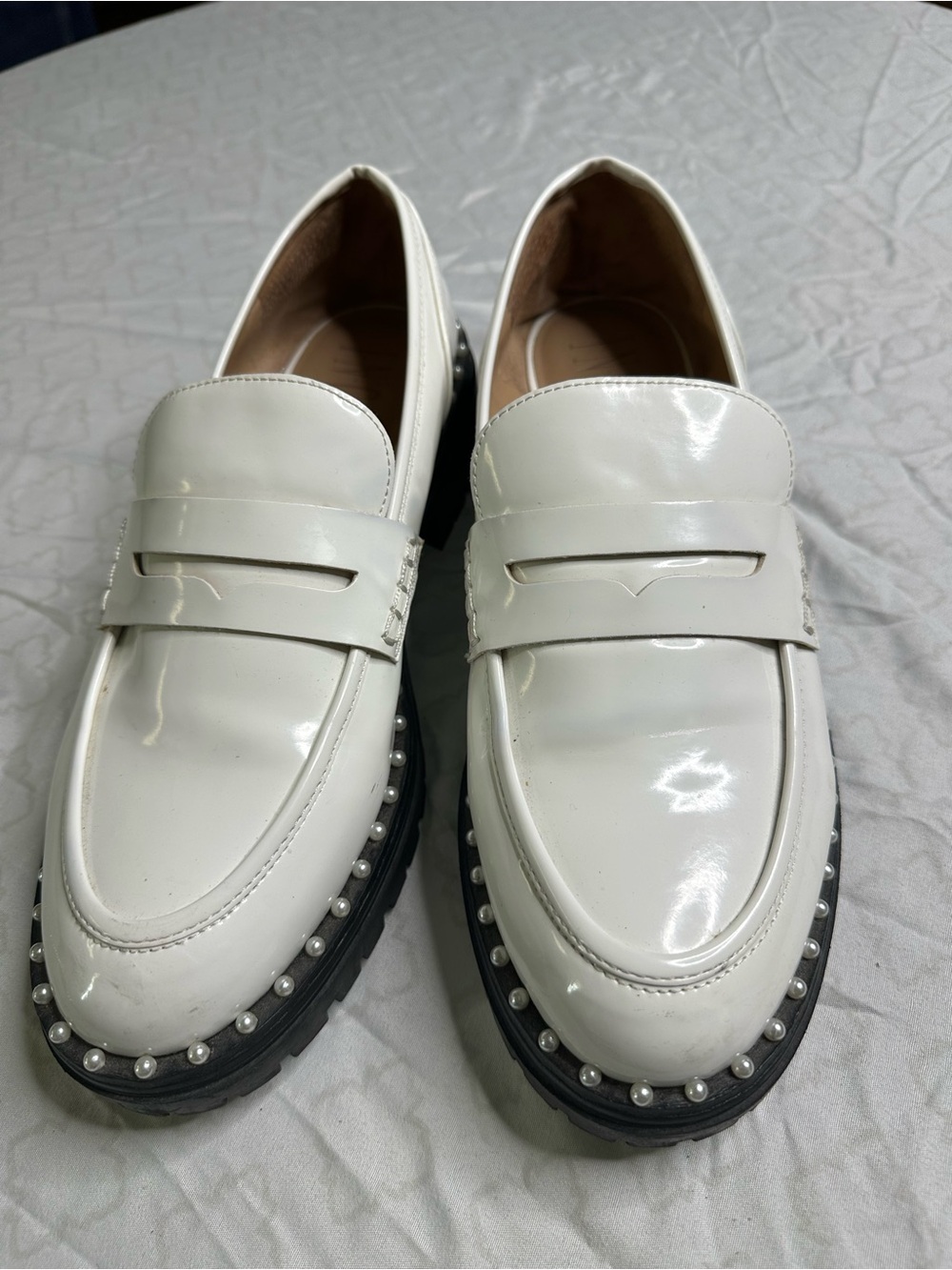 White Patent Leather Women’s Penny Loafers with Pearl-Trim Sole